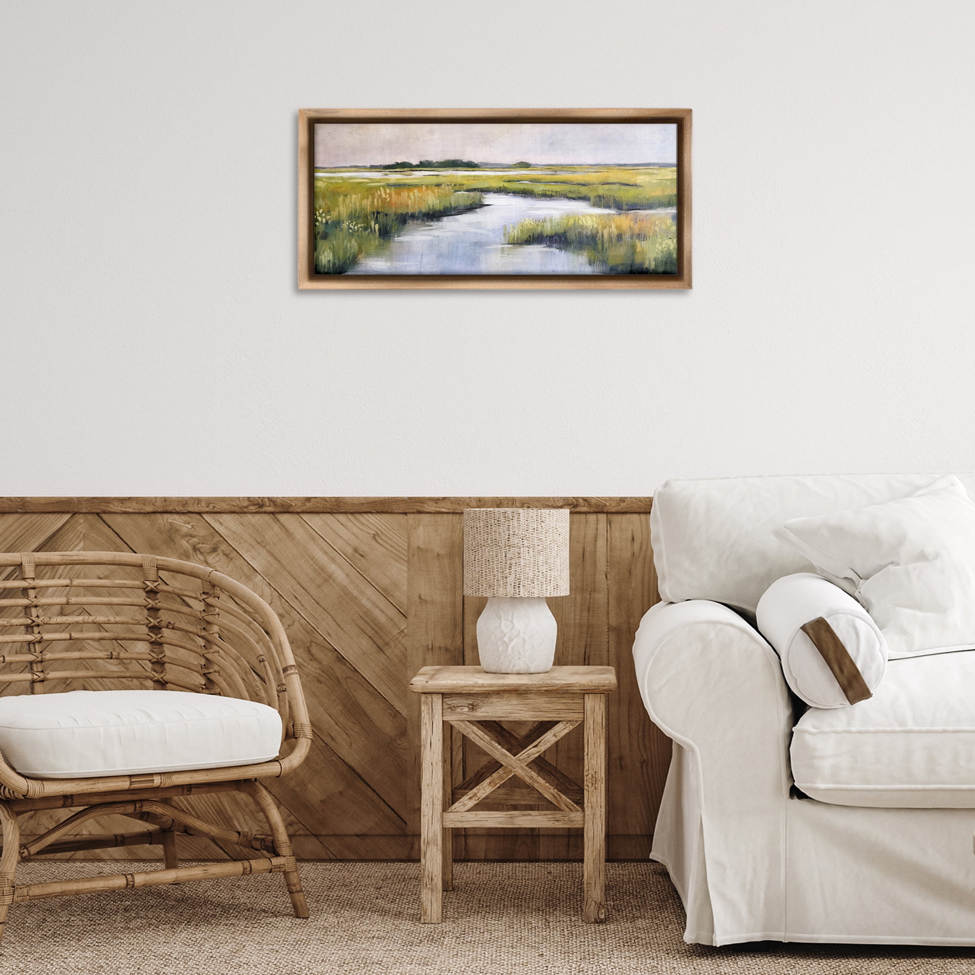 Stupell Industries Grassy Rural Marshlands Landscape & Nature Painting Brown Floater Framed Canvas Art Print Wall Art, 25 x 11