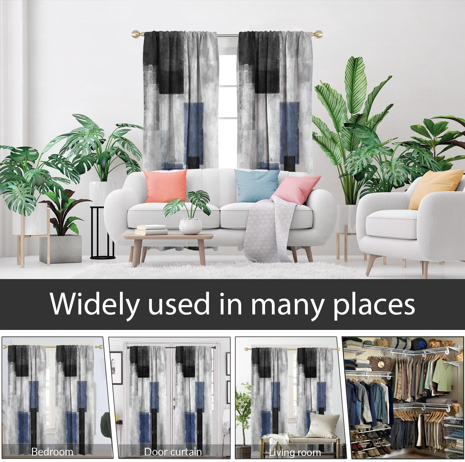 Blue Black Grey Window Curtain Navy White Gray Abstract Geometric Art Aesthetic Minimalist Boys Mens Long Living Room Bedroom Drapes Treatment Fabric 1 Pair Home Decor, 42" W x 84" L, Modern