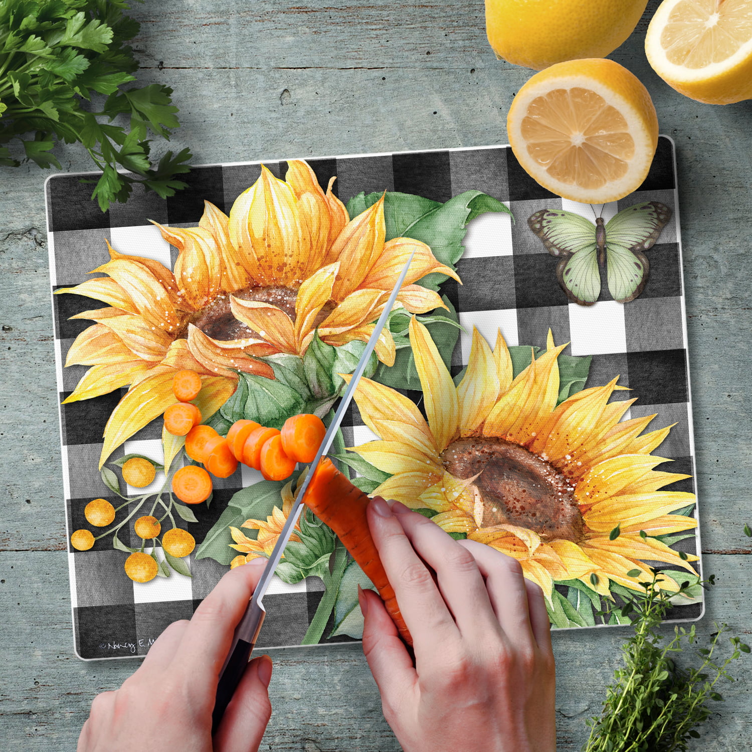 Lunarable Sunflower Cutting Board, 3 Sunflowers on Wooden Background at Top  Left Corner Picture Print, Tempered Glass Serving Board, Wine Bottle