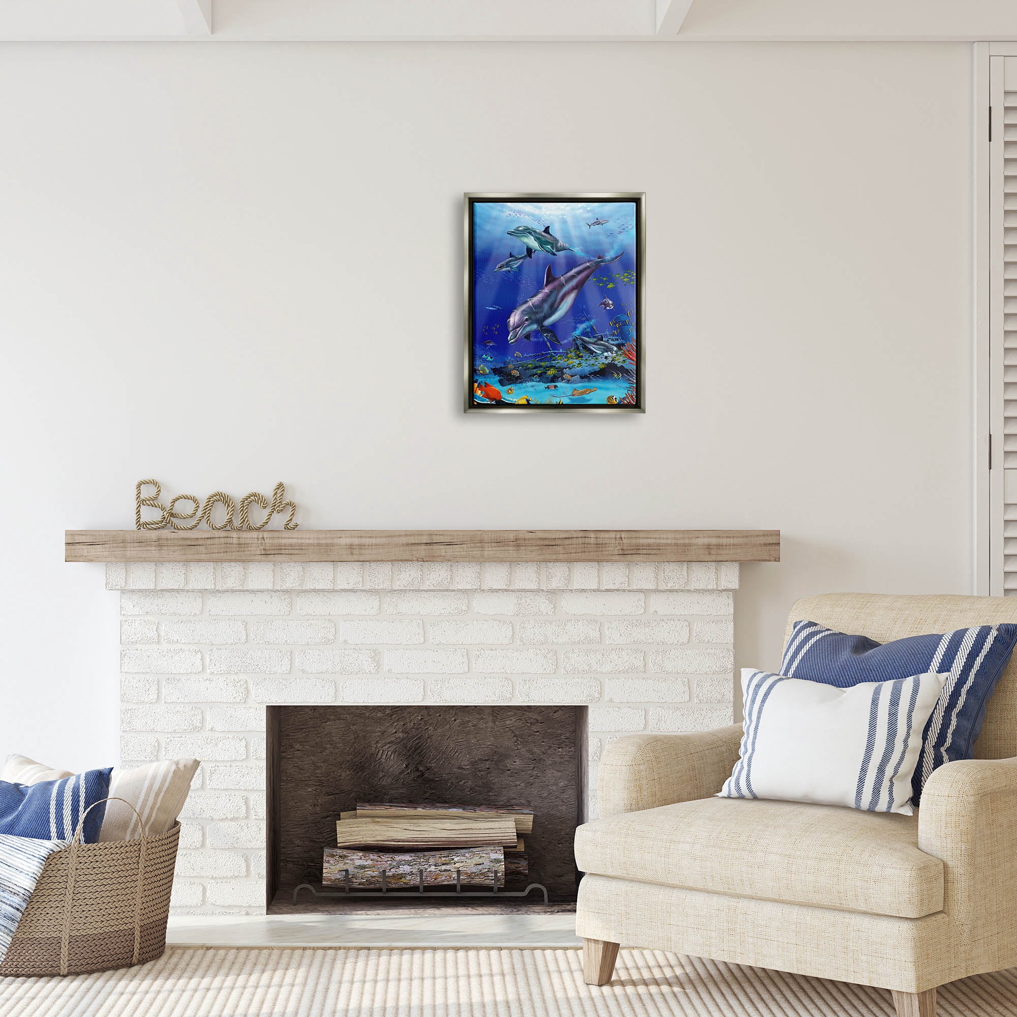Stupell Industries Aquatic Dolphins & Fish Coastal Painting Gray Floater Framed Art Print Wall Art