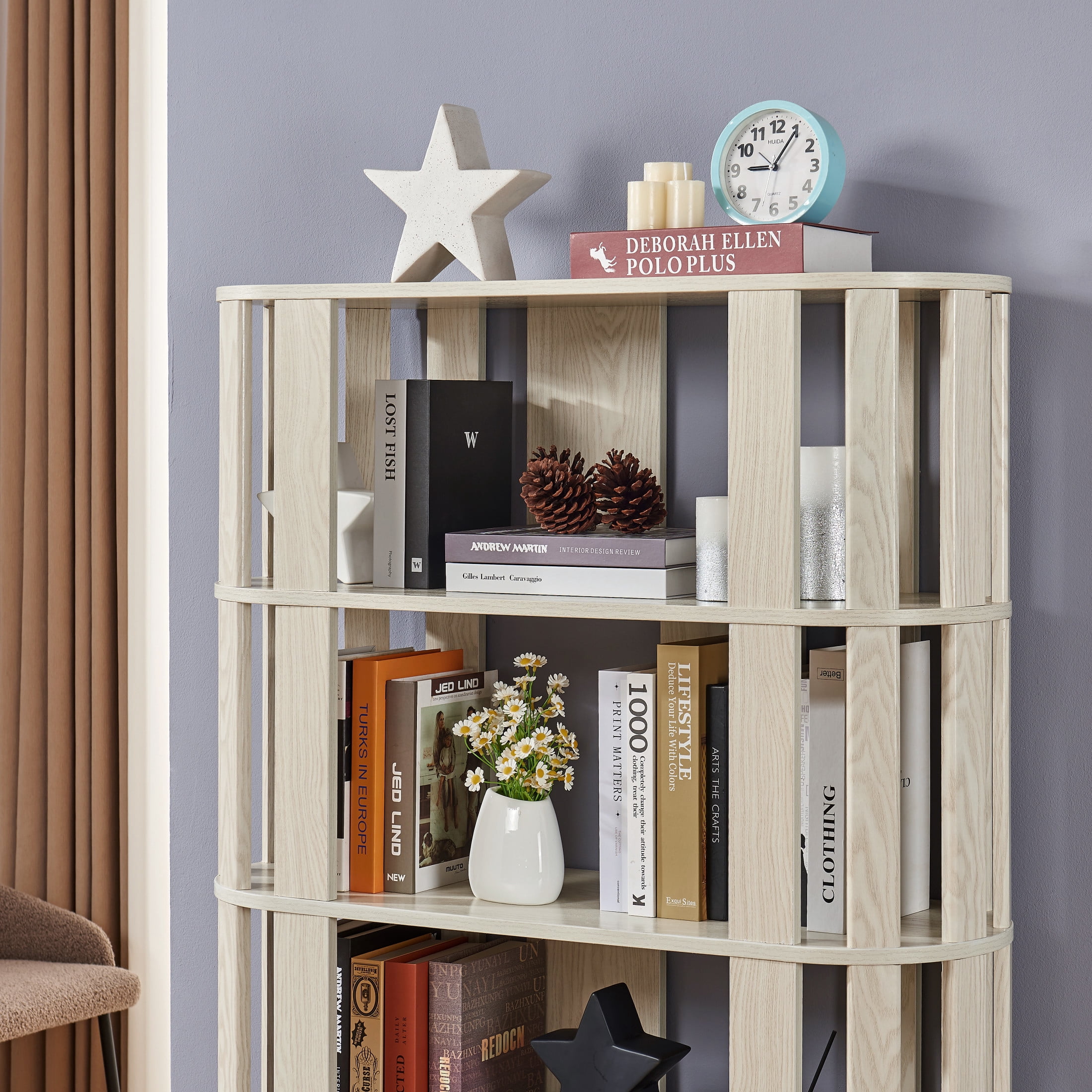 GDF Studio Lexair 5-Tier Wooden Oval Open Bookshelf with Curved Grid Frame, Storage Display Bookcase Rack, White Oak