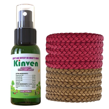 Kinven Bracelets and Spray Pack for Mosquito - 1oz Bottle + 10 Bracelets, Red/Brown, Great Looking and Natural, Insect Wristband & Spray, Waterproof, Indoor Outdoor Protection for Adults & Kids