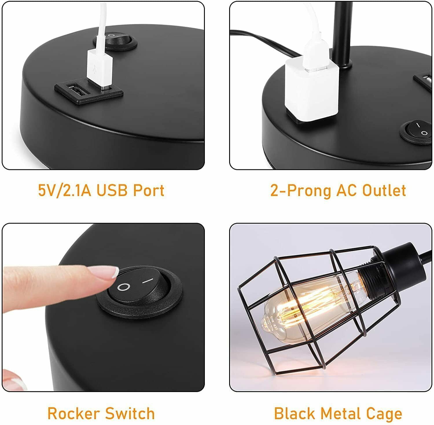 2 Pcs Industrial Table Lamp Nightstand Bedside Lamps w/ Dual USB Ports AC Outlet