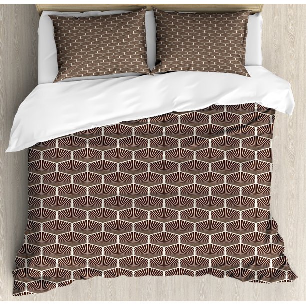 Geometric King Size Duvet Cover Set, Stripped Hexagon Pattern Contemporary Repeating Shapes