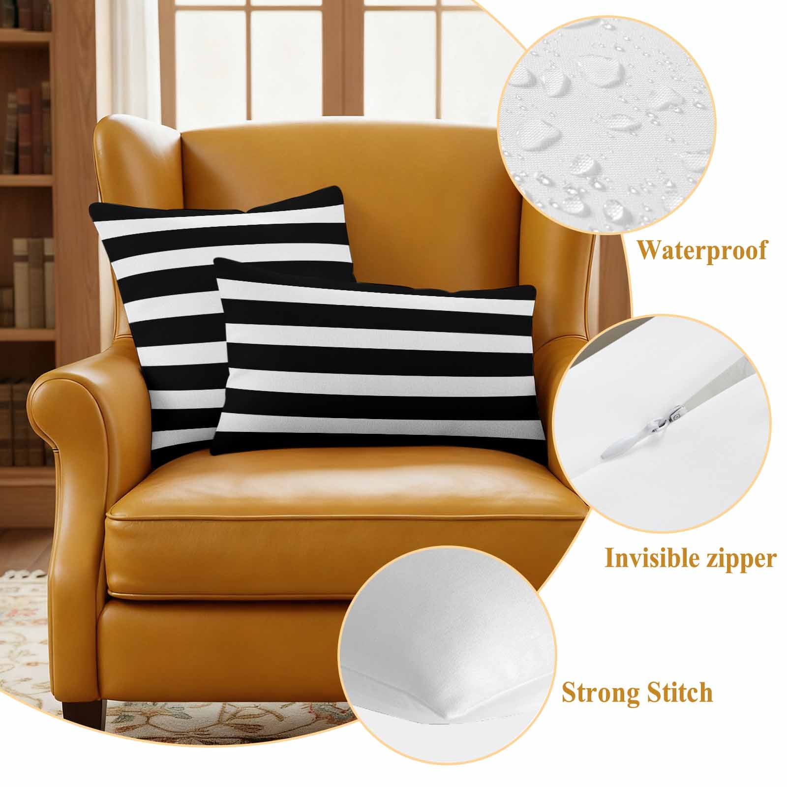 Black Striped Outdoor Waterproof Pillow Covers, Modern Simple Monochrome Geometric White Decorative Square Throw Pillowcase Sofa Cushion Sham for Patio/Couch/Chair, 16"x16" 2 Pack