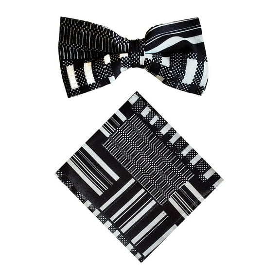 Black and White Kente African Print Bow tie with Pocket Square