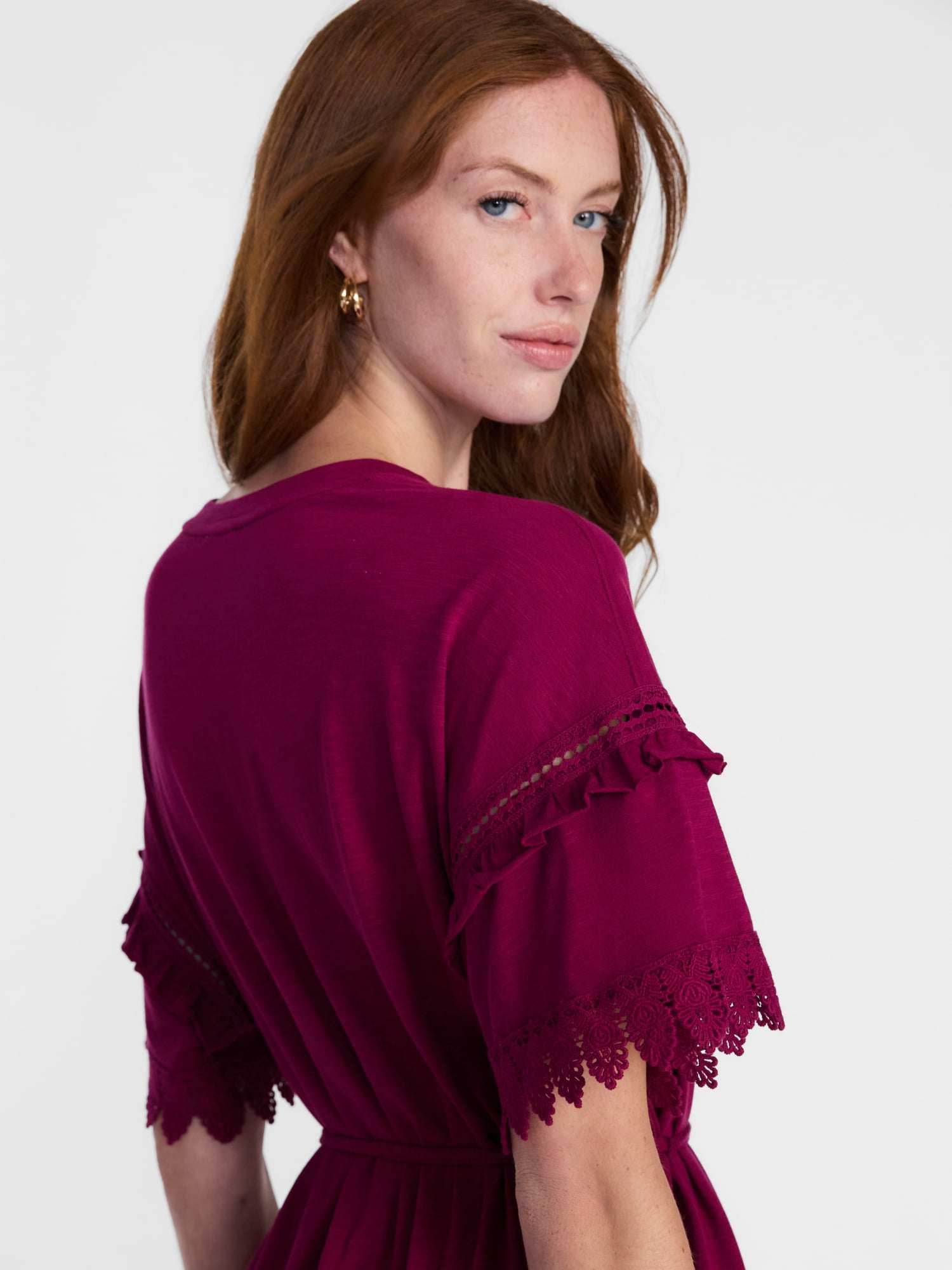Scenario Women's Lace Trim Knit Dress with Short Sleeves, Sizes XS