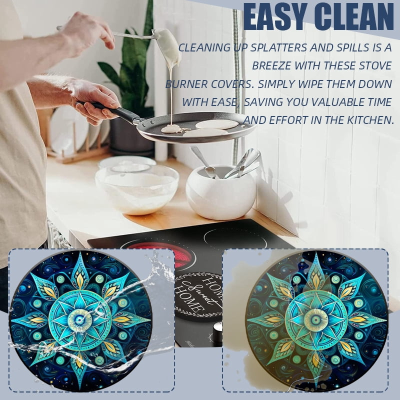 Round Gas Stove Burner Covers Set of 4, Teal Mandala-like Star with Swirls and Spirals Electric Stove Burner Covers Range Top for Expanding Counter Space for Kitchen, 8 Inches and 10 Inches