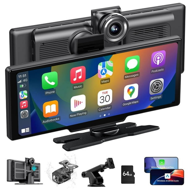 CHOVE Pantalla Apple Carplay inalámbrica para automóvil, pantalla Apple Car Play y Android Auto de 10.26", pantalla táctil con cámara de respaldo, cámara de tablero, soporte GPS, Siri/Google, Bluetoot