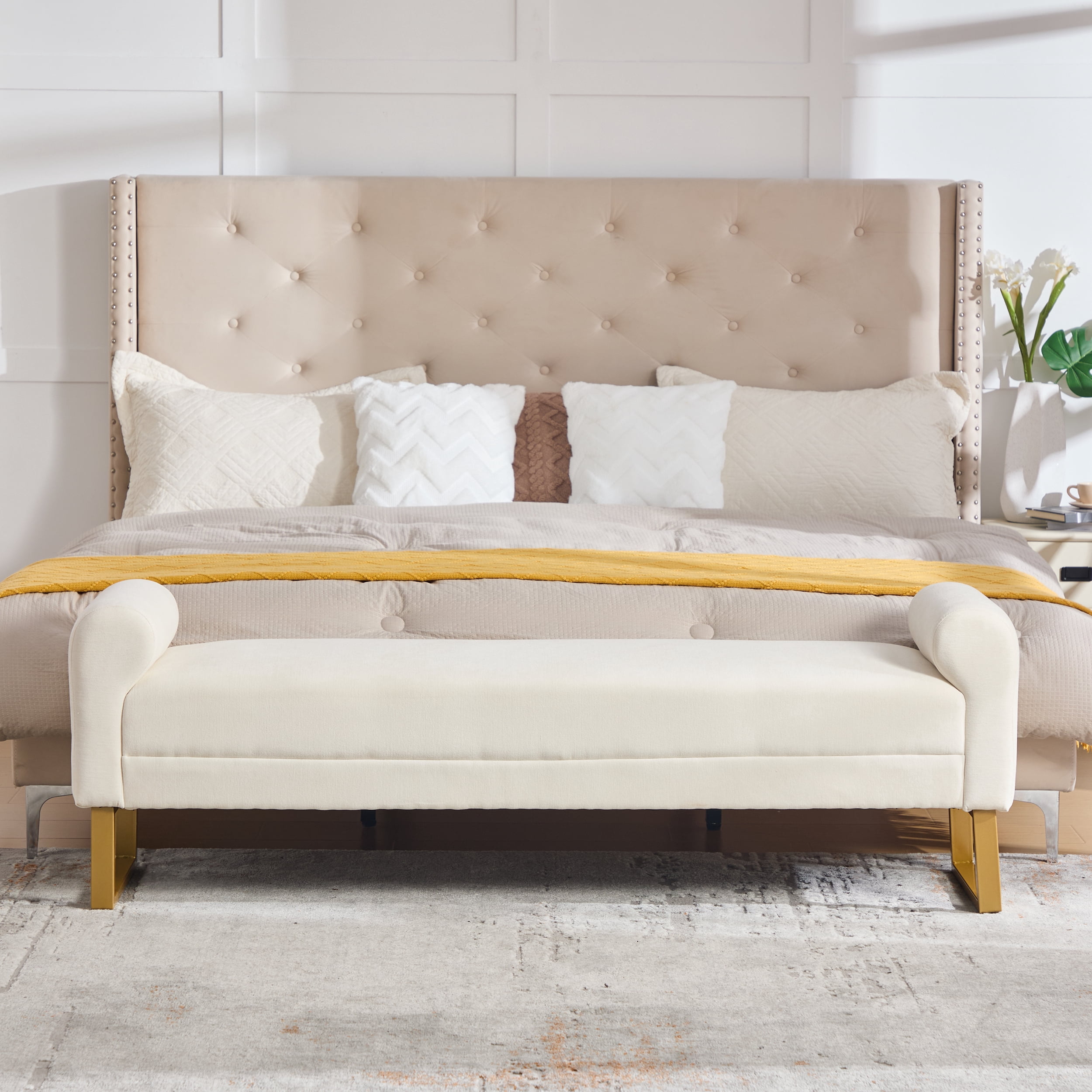 Ottoman Bench 65.4 Inch, Chenille Upholstered Bench with Gold Metal Legs, End of Bed Bench for Bedroom and Living Room, Beige