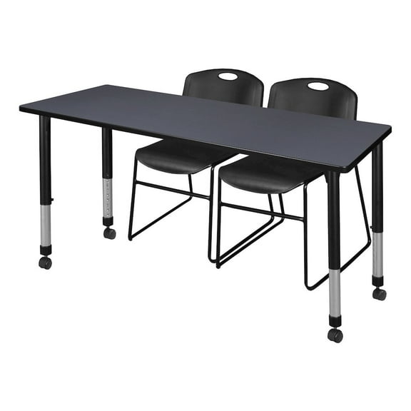 Regency 66 x 30 in. Mobile Adjustable Classroom Table- Grey & 2 Zeng Stack Chairs- Black