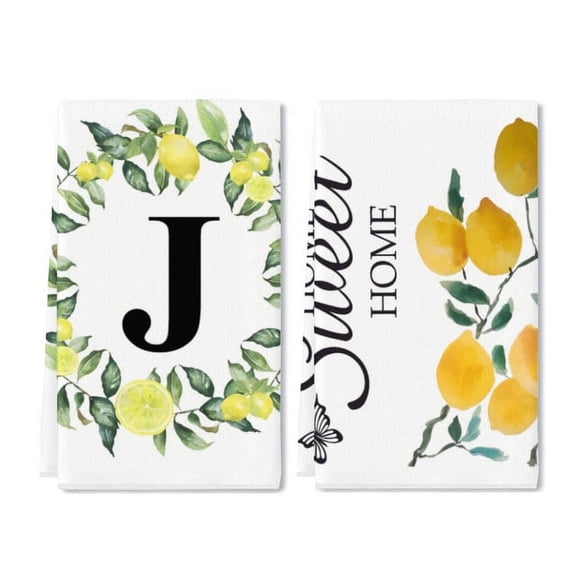 Yjiankangz Monogram Letter J Kitchen Towels Watercolor Lemon Farmhouse Dish Towels 16x24 Inch Dishcloth Fingertip Hand Towel Last Name Initial Soft Tea Towel Set of 2
