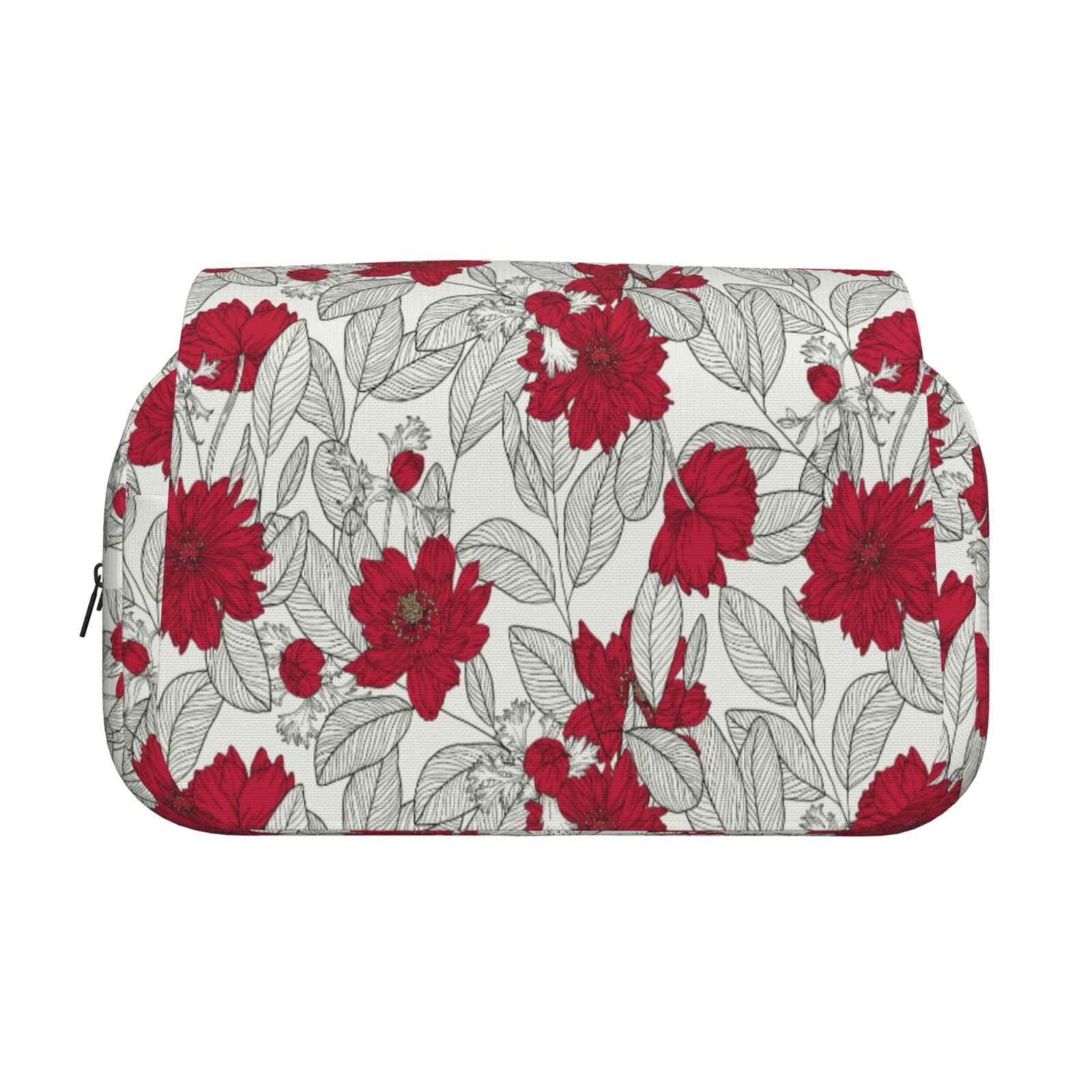 Rateoe Leaves And Anemone Flowers In Red Grey Pattern Double Clamshell Pen Case, Storage Organizer with Two Zipper Compartments– Holds Up to 50 Pencils & Pens