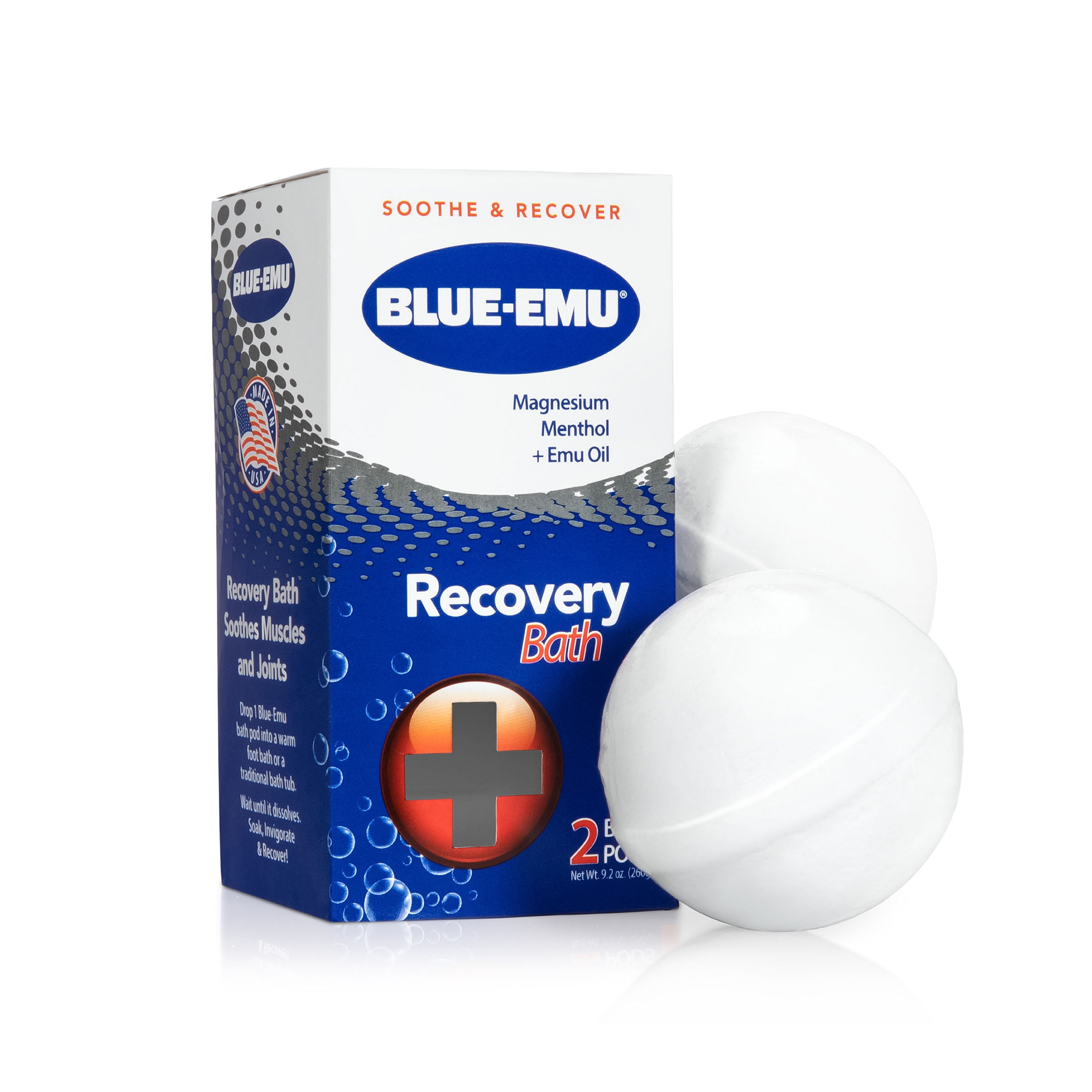 BLUE-EMU Recovery Bath Pods, Magnesium, Peppermint Oil, and Emu Oil Recovery Bath Pods for Active Recovery, 2 ct