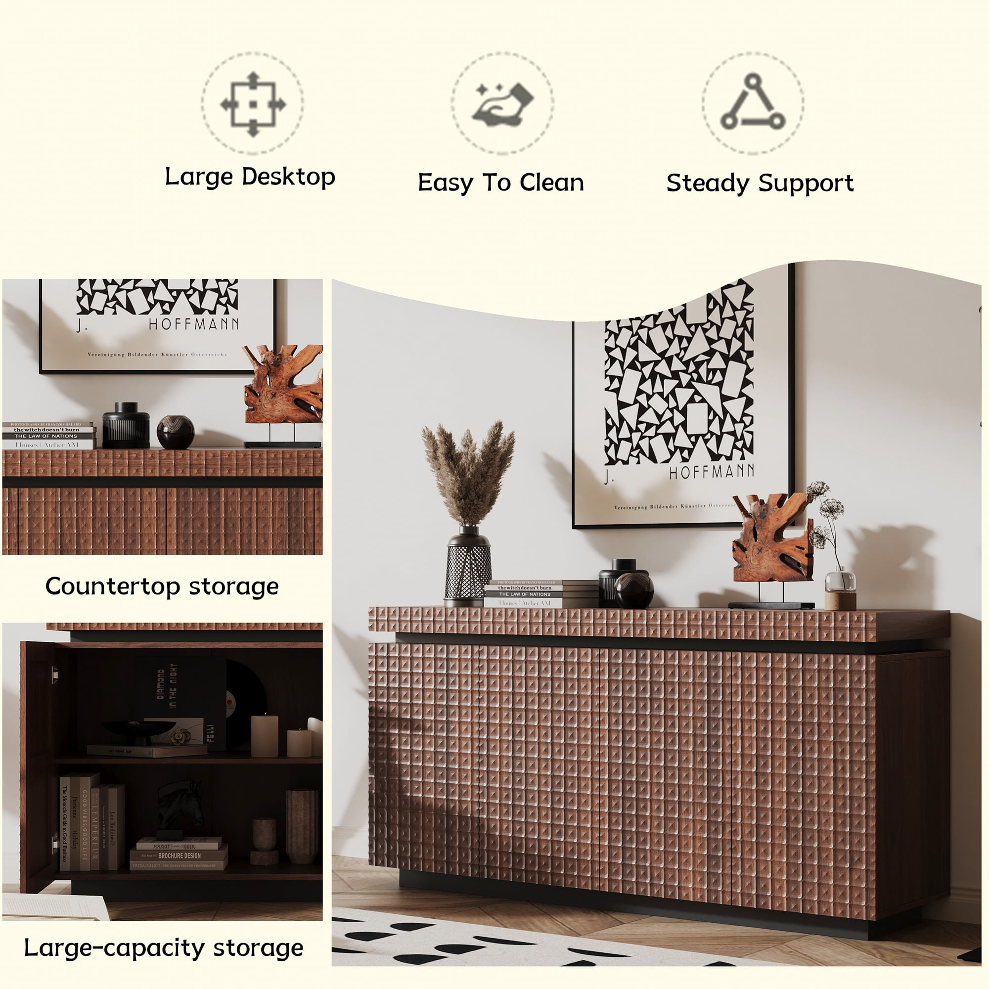 Homy Casa 58.3 in Modern Textured Sideboard Buffet Cabinet, 4-Door Storage Credenza, Antique Brown