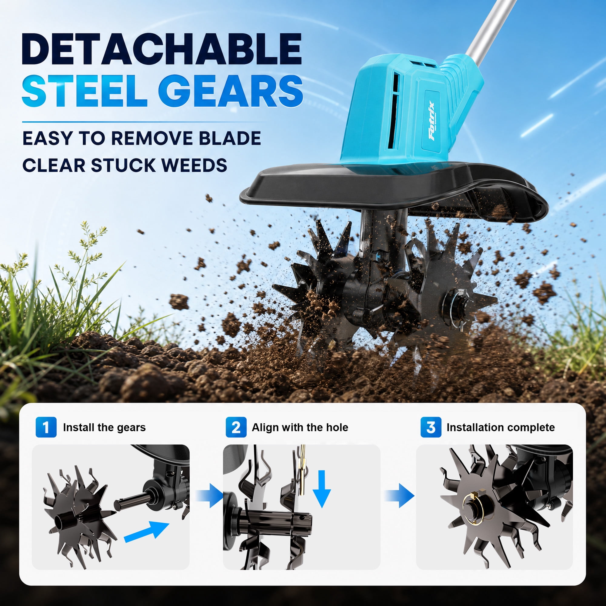 Fotrix Cordless Electric Garden Tiller Cultivator, 360 RPM, 7.5-Inch Depth, 9-Inch Width, with 2 Batteries, Adjustable Handle and Foldable Design