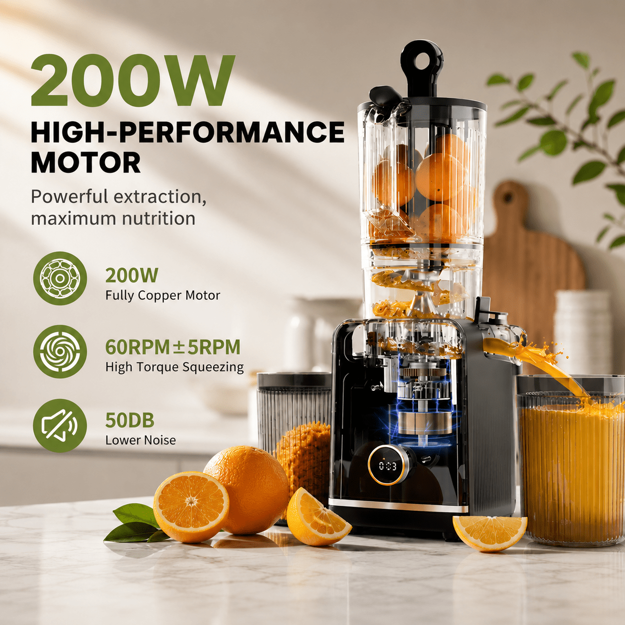 Hicloud 200W Juicer, Cold Press Juicer with 4.4" Large Feed Chute, Electronic 5-Speed Masticating Juicer Machines for Whole Vegetables & Fruits, High-yield Juice Maker, Easy Clean