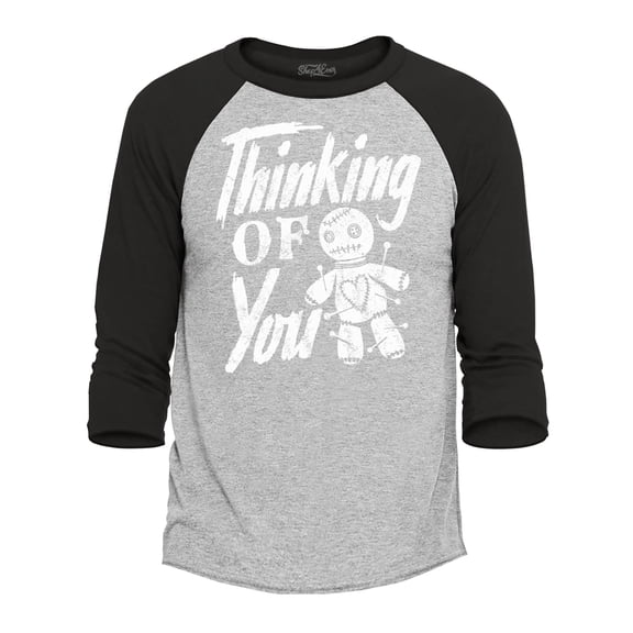 Shop4Ever Men's Thinking of You Voodoo Doll Halloween Raglan Baseball Shirt X-Small Heather Grey/Black