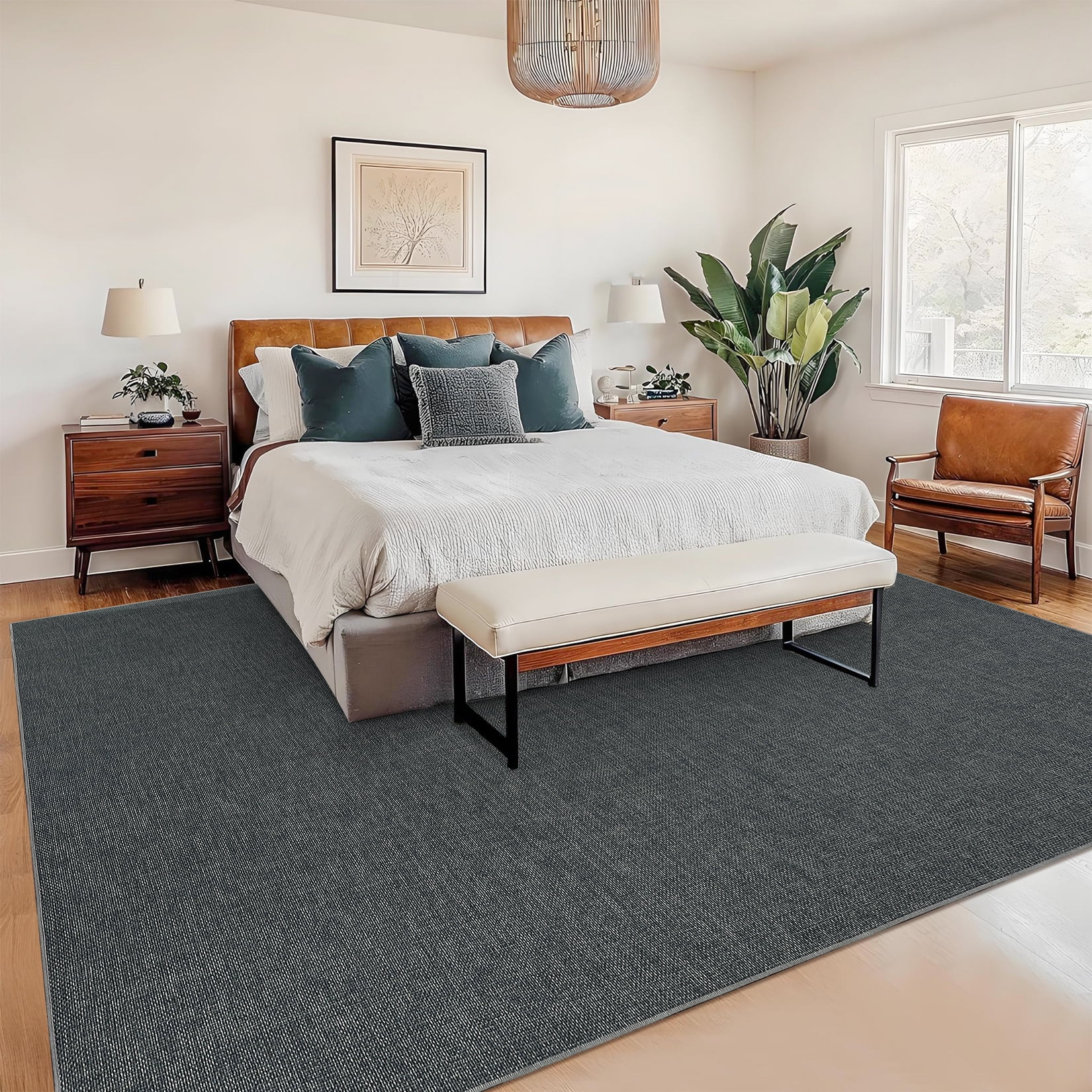Garvee 8'x10' Modern Solid Color Area Rug Minimalist Woven Textured Carpet, Washable Rug Non Slip Low Pile Indoor Mats for Living Room Bedroom Dining Room, Black Gray