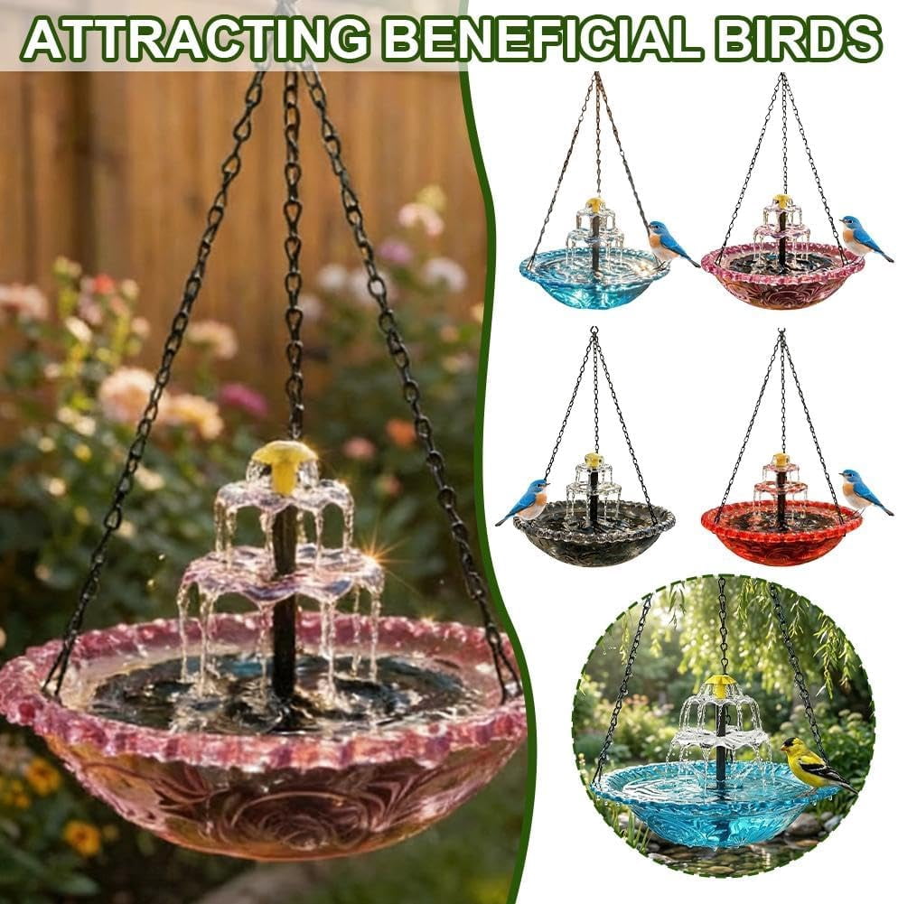 Esterze Hanging Solar Bird Bath Fountain, Solar Powered Cascading Water Fountain, Hanging Bird Bath with Solars Pump & Glass Bowl, Decorative Garden Bird BathFountain
