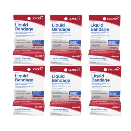 Leader Liquid Bandage with Benzethonium Chloride 0.2% , First Aid Antiseptic, Seals to Protect, for Small Cuts & Wounds, 1 fl oz - 6 Pack