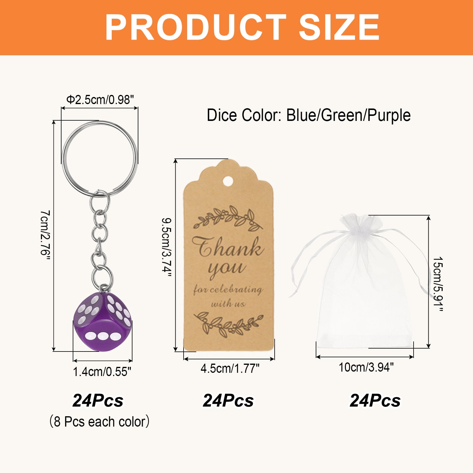Uxcell Dice Key Chains Bulk with Jute Twine Gift Tag/Mesh Bag, Creative Keyring Charm Pendant for Bag Wallet Purse Car Cellphone Accessories, Blue/Green/Purple