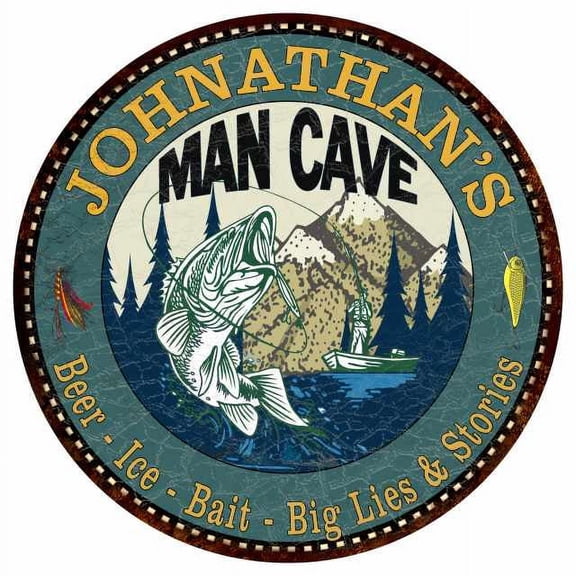 JOHNATHAN'S Man Cave Fishing 14" Round Metal Sign Garage Bar Decor 100140004494