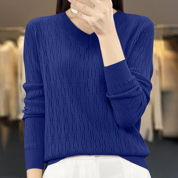 Juslio Women Sweaters Pullovers Sweaters Solid V Neck Knit Fashion Blue