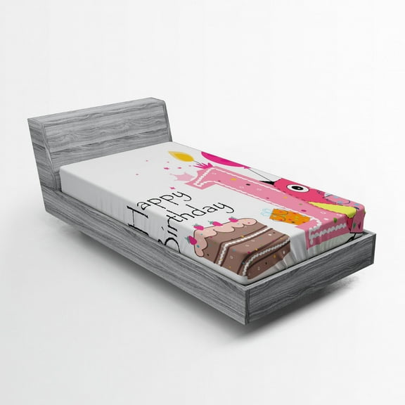 Ambesonne Cartoon Fitted Sheet, First Birthday Cake, Twin Size, Brown Hot Pink and Pink