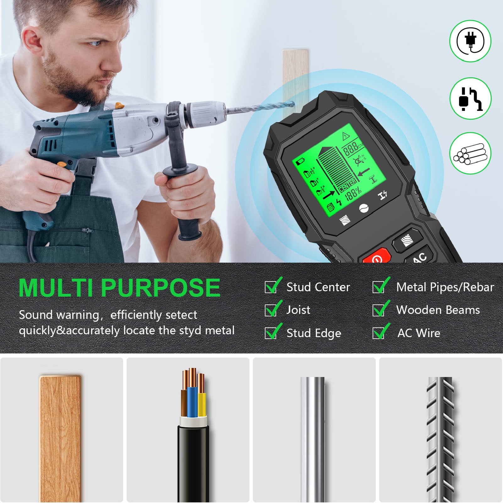 Riousery 5 in 1 Stud Finder Wall Scanner Multifunctional LCD Display High Accuracy Detector for Metal, Wood, and Live AC Wire, Portable Stud Sensor Detector