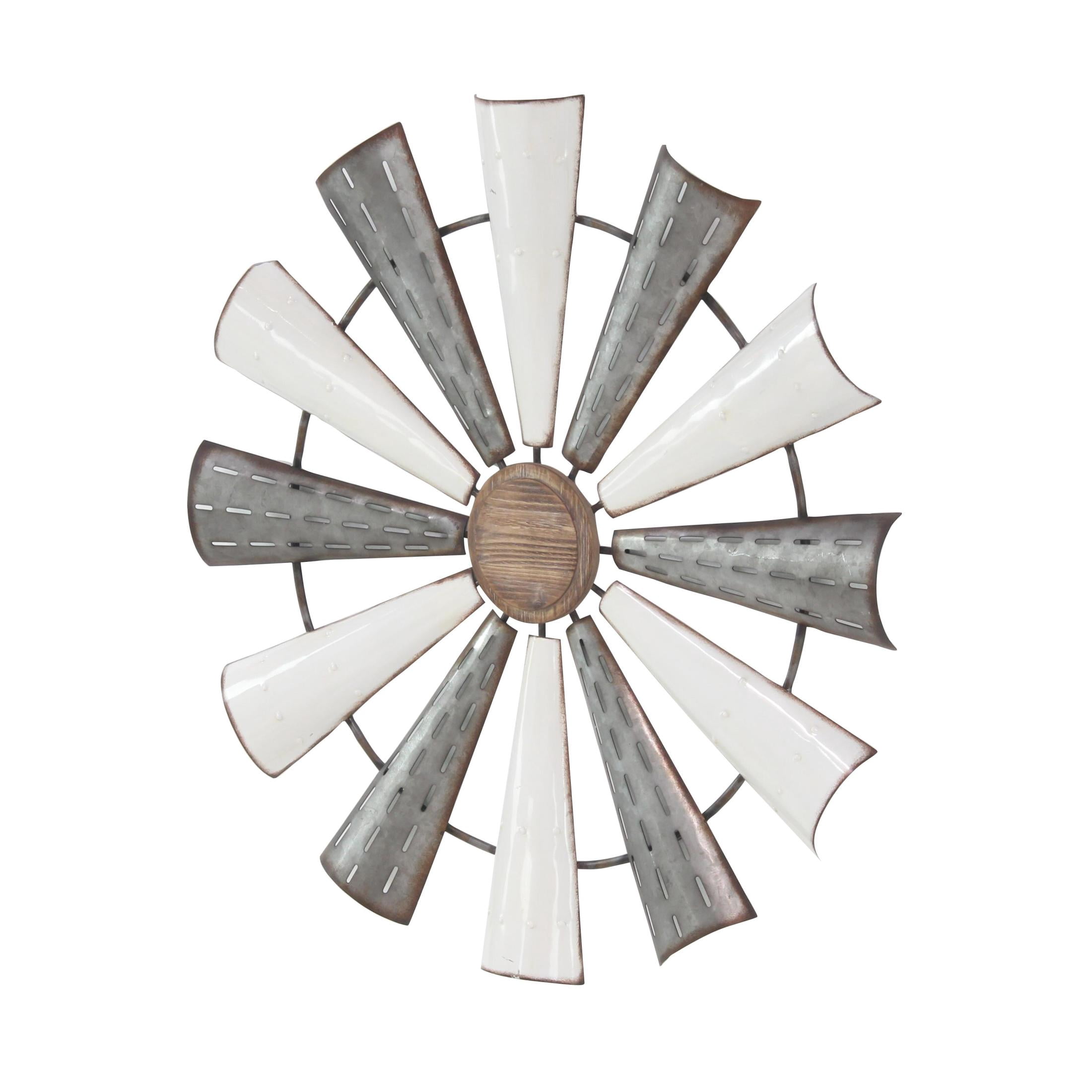 DecMode White Metal Windmill Wall Decor with Galvanized Metal Accents
