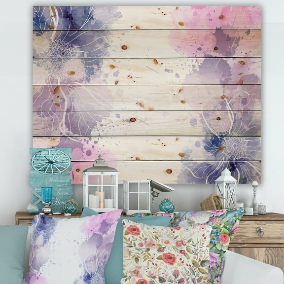 Designart 'Pink and Purple Abstract With Colorful Splashes I' Modern Print on Natural Pine Wood