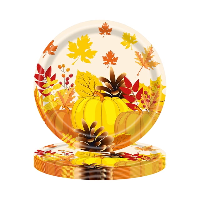 Thanksgiving Paper Plates Festive Fall Pumpkin And Maple Leaves Pattern Disposable Tableware For Fall Harvests Party