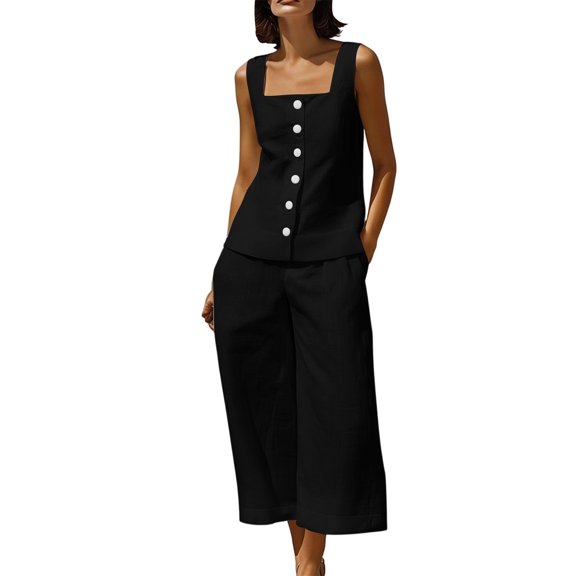 TEAJOPSUU Womens Summer Linen 2 Piece Solid Sets Matching Travel Outfits Sleeveless Square Neck Button Down Tank Tops Elastic Wide Leg Capri Pants Sets Black