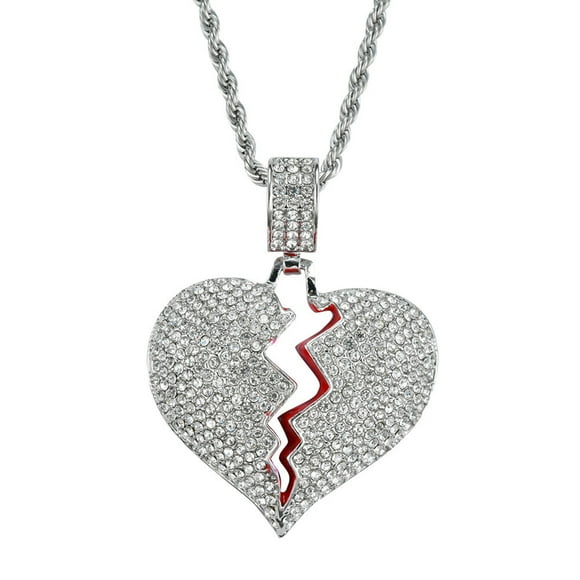Shiny Luxury Rhinestone Necklace with Broken Heart Pendant and Sturdy Chain for Couple(Silver)
