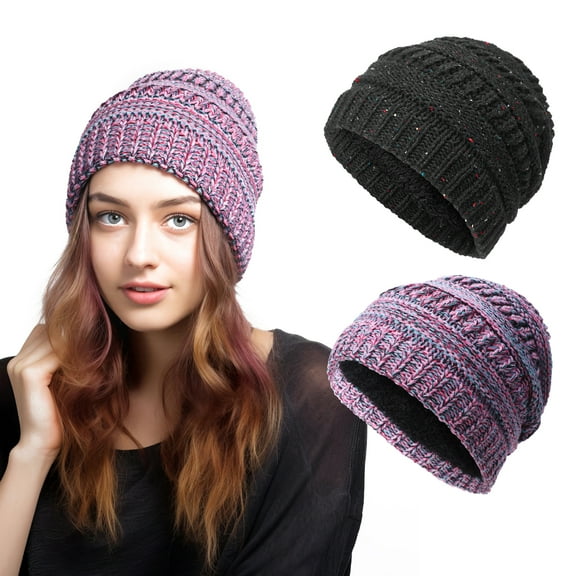 Bocaoying 2 Pack Women's Warm Winter Beanie, Thick & Soft Cable Knit Beanie Hat ,Slouch Style Knit Hat, Cute Stretch Casual Knit Beanie