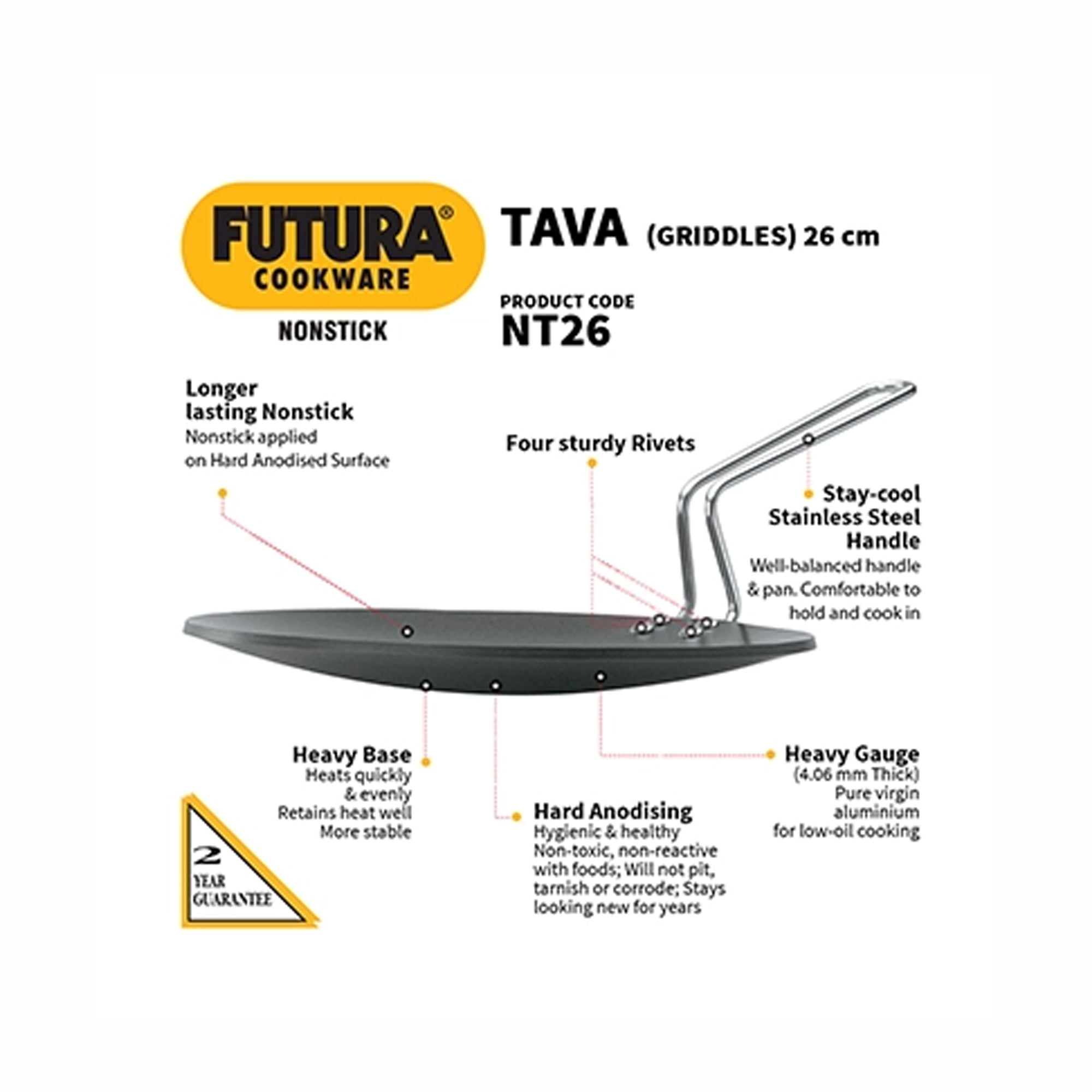 Hawkins (Futura) Non Stick Flat Tawa (26cm), Indian Griddle