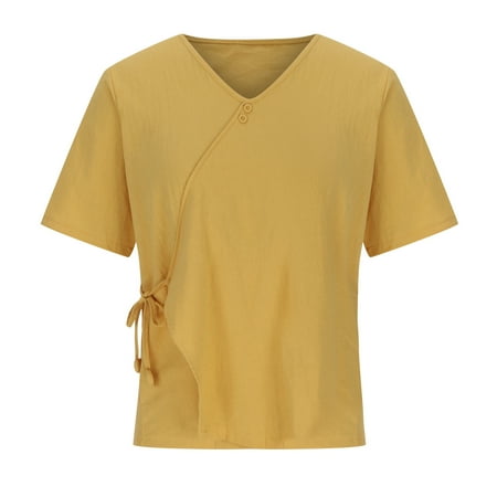

Womens Tops Corset Tops for Women Women s V-Neck Slanted Short-Sleeved Plain Color Cotton and Linen Top Blouse White Long Sleeve Shirts for Women Valentine Shirts for Women Yellow M