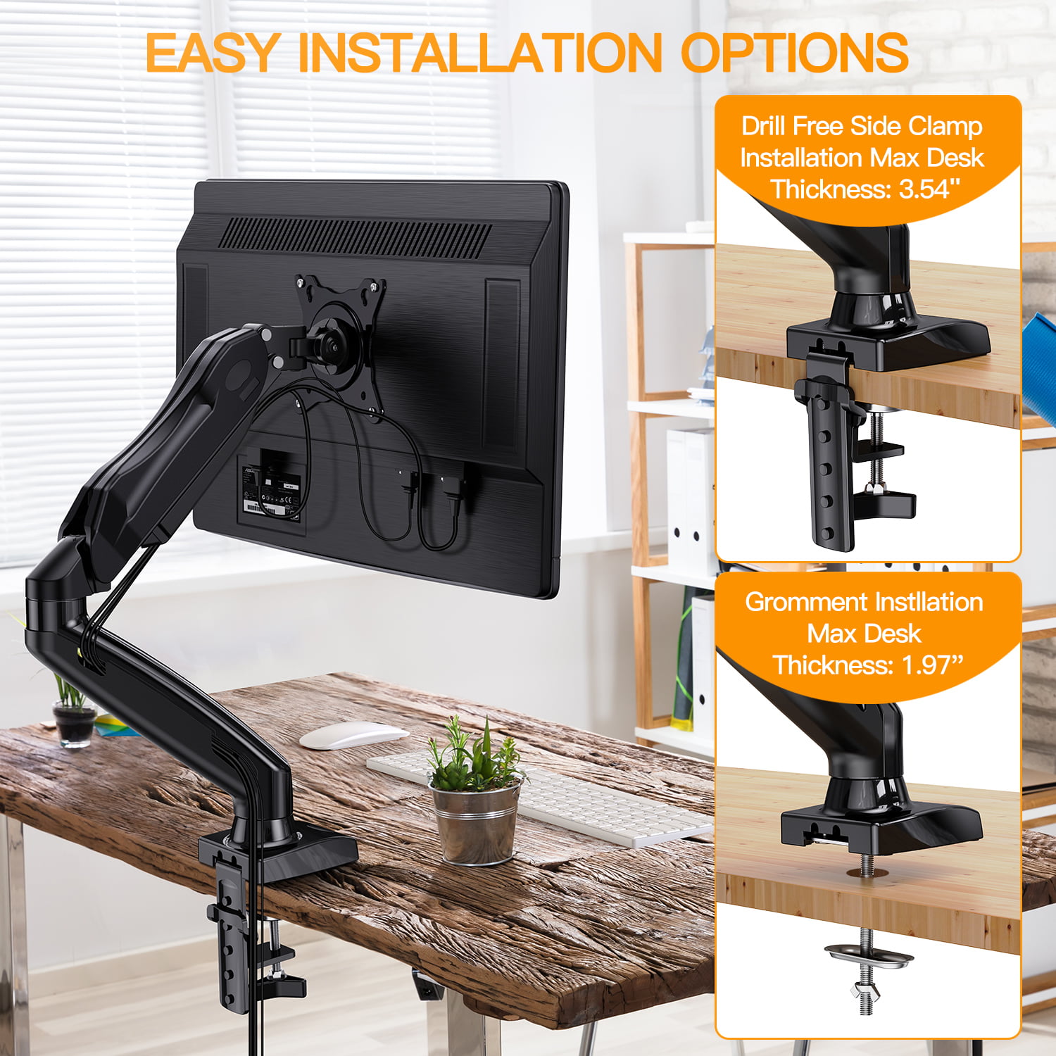 Swivel VESA Mount with C Clamp ErGear Dual Arm Monitor Mount Stand Adjustable Gas Spring Monitor Desk Mount Grommet Mounting For Most 17-27 Inch Flat Curved Computer Monitor Screens up to 14.3lbs 