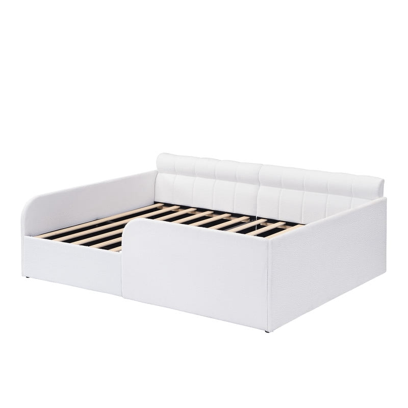 Full Size Boucle Daybed with Metal Drawer on Wheels, Storage Platform Bed Frame with Guardrails, Upholstered Low Profile Bed