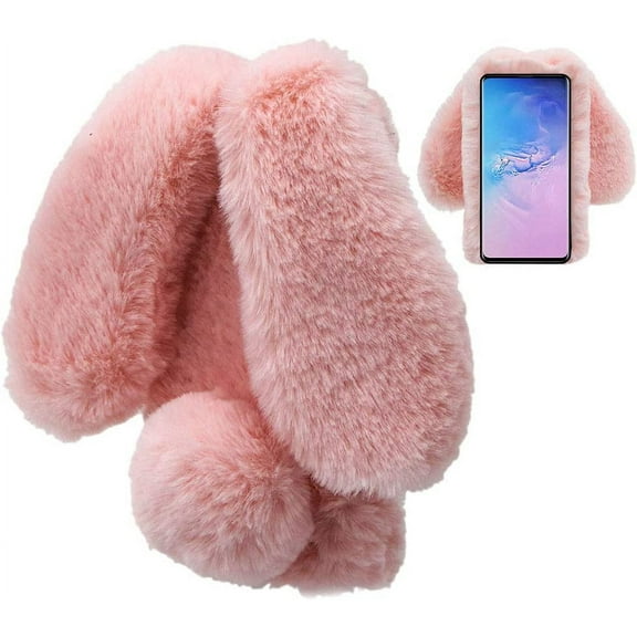 Rabbit Case for Samsung Galaxy A14 5G, Cute 3D Bunny Ears Soft Furry Hairball Fuzzy Winter Warm Faux Fur Plush Fluffy Flexible TPU Bumper Women Girls Protective Skin Cover - Pink