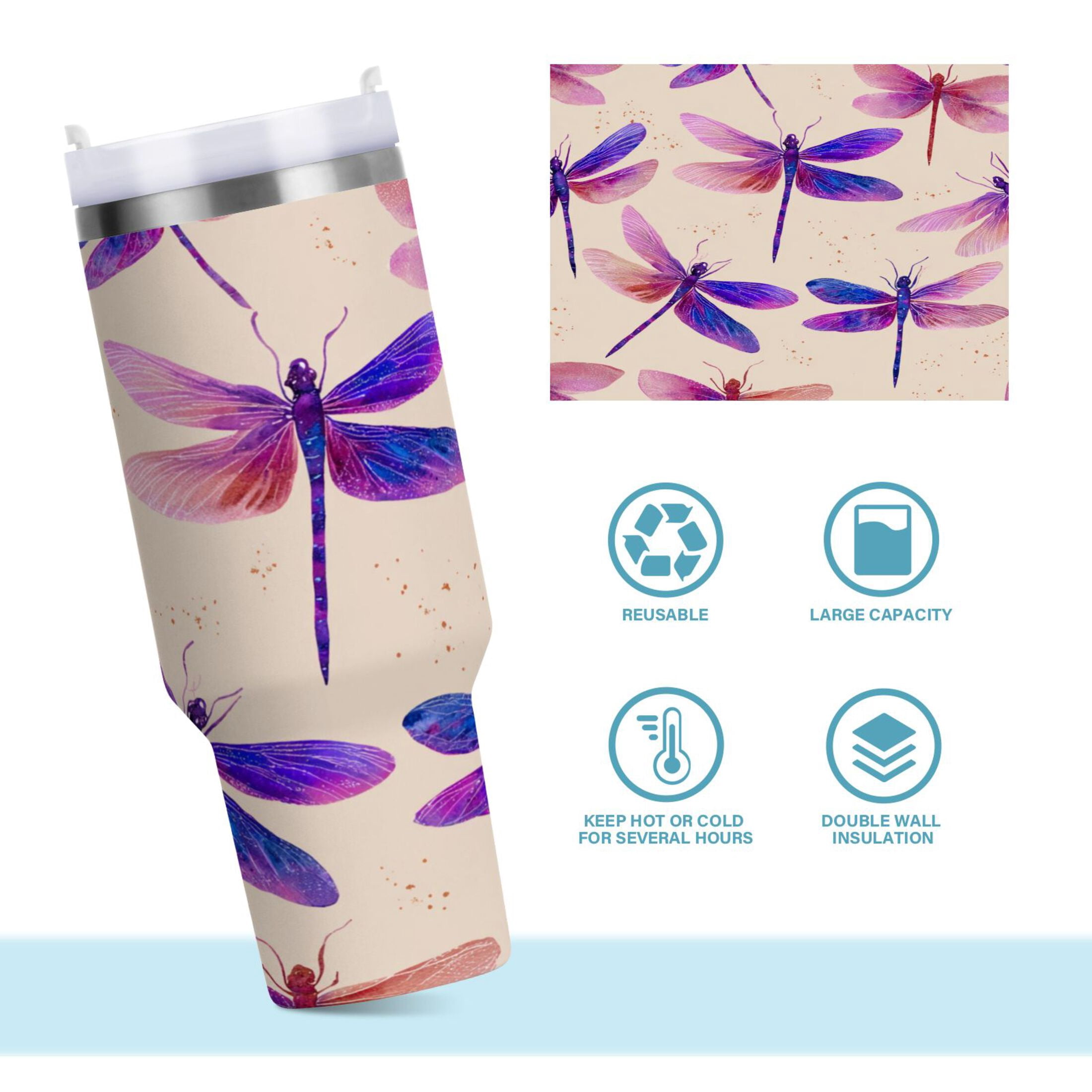 40 oz Stainless Steel Tumbler Vacuum Insulated Leak Proof Stainless Steel Coffee Cup Water Bottles Beautiful Purple Dragonfly
