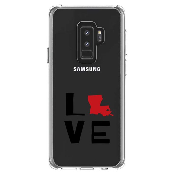 DistinctInk Clear Shockproof Hybrid Case for Samsung Galaxy S9  PLUS (6.2" Screen) - TPU Bumper Acrylic Back Tempered Glass Screen Protector - Louisiana - Love Black & Red