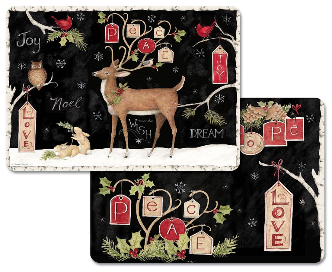 4 Christmas Holiday Placemats, Woodland Wonder, Reversible Washable