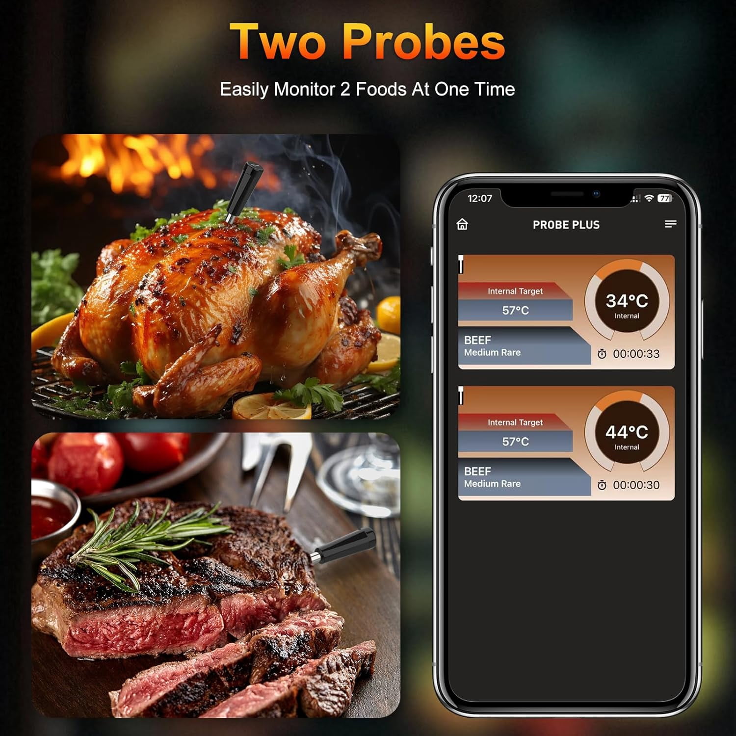 Wireless Meat Thermometer with 2 Ultra-Thin Probes, Smart Digital Bluetooth Food Thermometer 600FT Remote Range, Standalone Smart Base for Grill Roast Oven, Cooking Gifts
