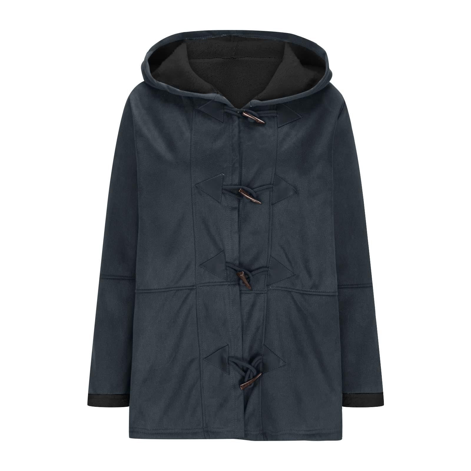 VINUSLI Women's Suede Thick Mid-Length Padded Coat Plus Size 2025 Winter Horn Button & Zip Jacket Fleece Lined Warm Hooded Outwear Navy,XXXXL