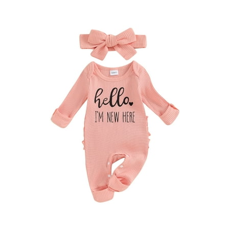Newborn Baby Girl Clothes Hello I'm New Here Ribbed Jumpsuit Long Sleeve Ruffle Romper with Headband Coming Home Outfits