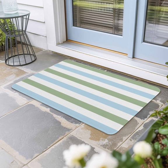 Sage Green Blue Striped Door Mat Indoor Outdoor, Farmhouse Sage Green Stripes Non Slip Welcome Mat with Rubber Backing, Absorbent Fabric Front Door Mats Entryway Rug for Home Patio Entrance 24"x36"
