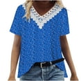 thumbnail image 3 of Zpanxa Summer Tops for Women 2023 Trendy Casual Cap Sleeve Lace Stitching T Shirts Blouse, Loose V Neck Short Sleeve Tee Shirts, Cute Floral Print Boho Summer Tops Blue S, 3 of 8