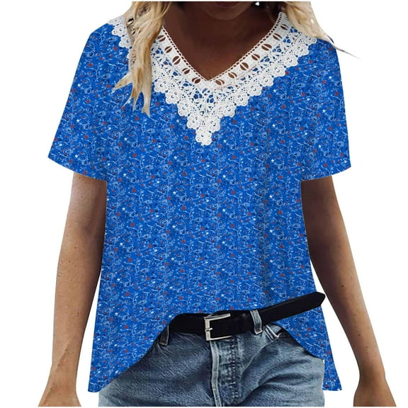 TAGOLD Womens Summer Short Sleeve Tops,Women Fashion Casual Printing Shirts Short Sleeve Tops V Neck Lace Stitching Blouse
